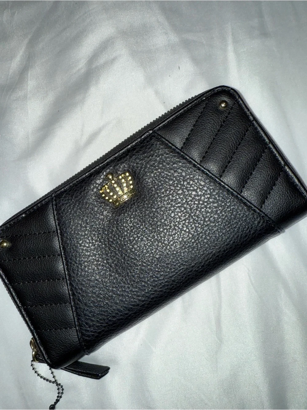 Juicy Coture Black Quilted Zip-Around Wallet with Gold Crown Accent